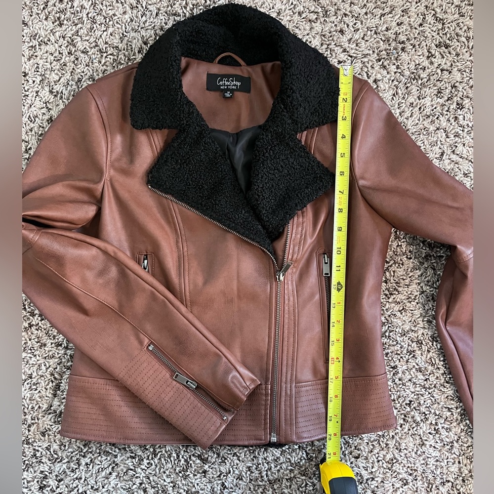 CoffeeShop New York Faux Leather Moto Jacket Brown Sherpa Collar Womens Medium - Picture 6 of 7